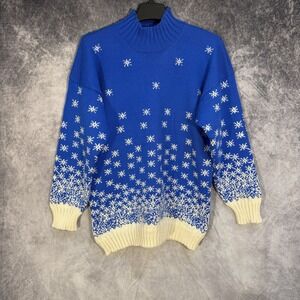 Vintage Women's Pullover Knit Sweater Snowflake Pattern Blue White‎ L
